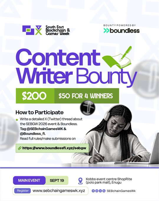 Promotional flyer for a 'Content Writer Bounty' offering $200 ($50 for 4 winners) for the South East Blockchain & Gamer Week, powered by boundless, with participation details and the main event on Sept 19 at Kobbs event centre ShopRite in Enugu.