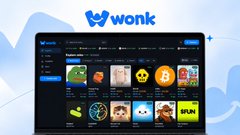 Screenshot of the Wonk app displaying various games and activities including basketball, cooking, and other mini-games on a desktop browser interface.