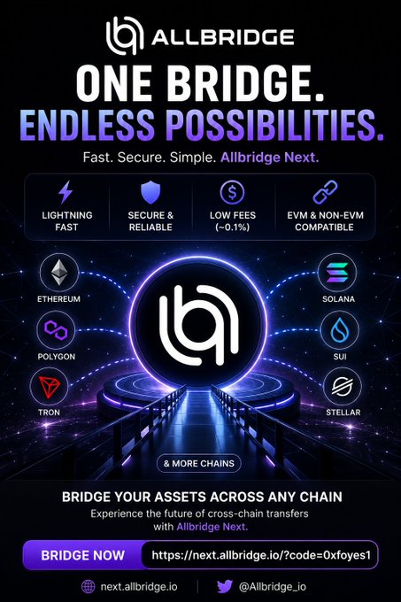 Promotional graphic for 'ALLBRIDGE' with the tagline 'ONE BRIDGE. ENDLESS POSSIBILITIES.' showing their cross-chain bridge service supporting Ethereum, Polygon, Tron, Solana, Sui, and Stellar, with a referral link.