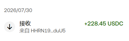 A transaction notification dated 2026/07/30 showing a received payment of +228.45 USDC from address HHRN19...duU5, illustrating the post's claim about unexpectedly receiving crypto from a friend's share.
