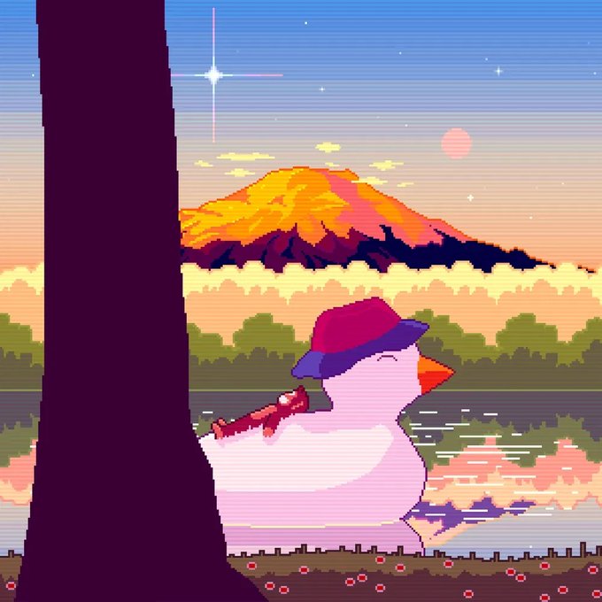 A pixel art illustration of a pink duck wearing a purple hat and playing a flute by a lake at sunset, with a glowing mountain and a tree silhouette in the foreground.