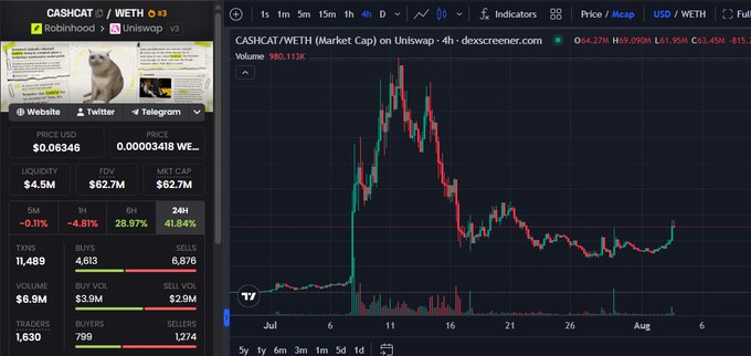 A cryptocurrency trading interface displays the 'CASHCAT / WETH' market cap chart on Uniswap via dexscreener.com, showing price volatility with green and red candlesticks over a July-August timeframe.