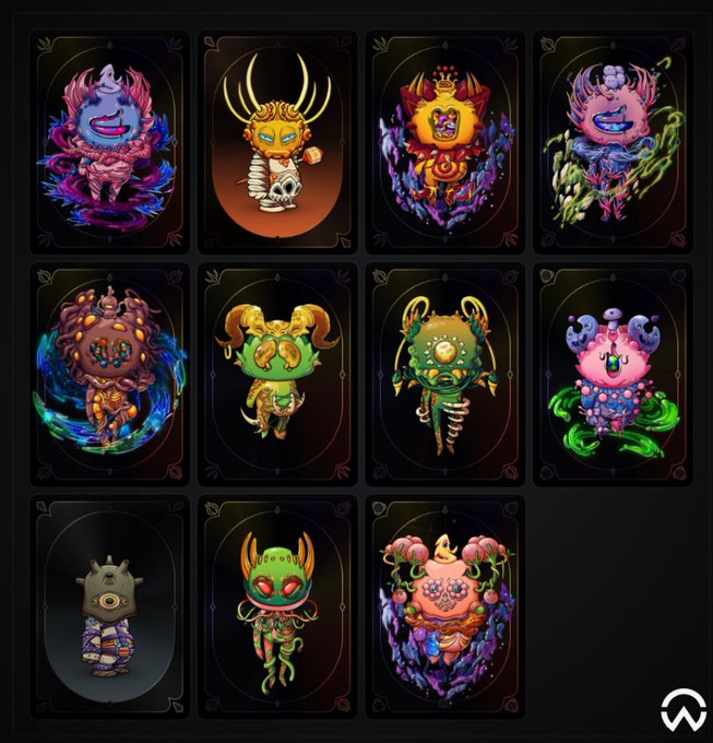 A 3x4 grid displaying ten unique, colorful, grotesque, and whimsical monster or creature illustrations set against dark backgrounds, with the bottom right space left empty, and a small white logo in the bottom right corner.