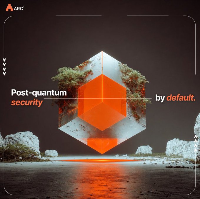 A promotional ARC graphic featuring a glowing red and white 3D cube with vegetation growing on it, set on a rocky landscape, with the text 'Post-quantum security by default.'