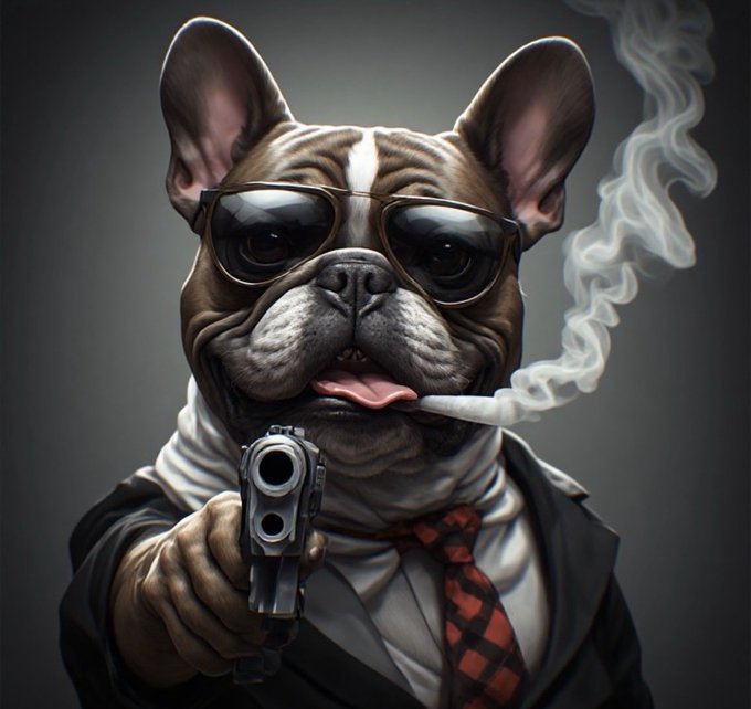 A digital illustration of a French Bulldog wearing sunglasses, a white shirt, red plaid tie, and dark jacket, holding a gun while smoking a cigarette.