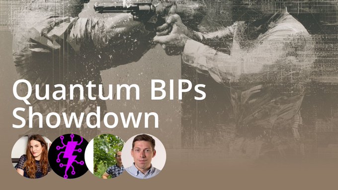 A thumbnail-style graphic titled "Quantum BIPs Showdown" features two people, a purple gecko logo, and an image of hands exchanging a gun.