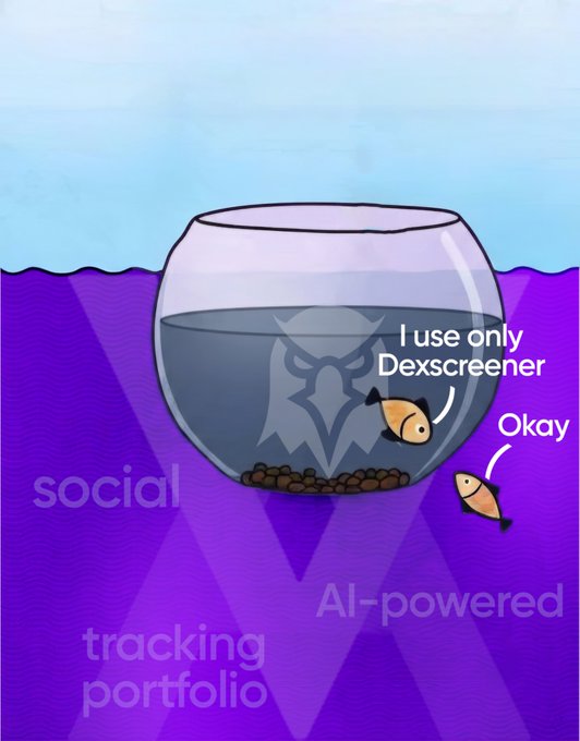 The image shows an illustration of a fishbowl containing a fish labeled "I use only Dexscreener" sitting safely inside, while another fish labeled "Okay" floats outside in the open water, surrounded by menacing triangles labeled "social tracking portfolio" and "AI-powered," symbolizing the dangers lurking beyond the safety of using only Dexscreener.