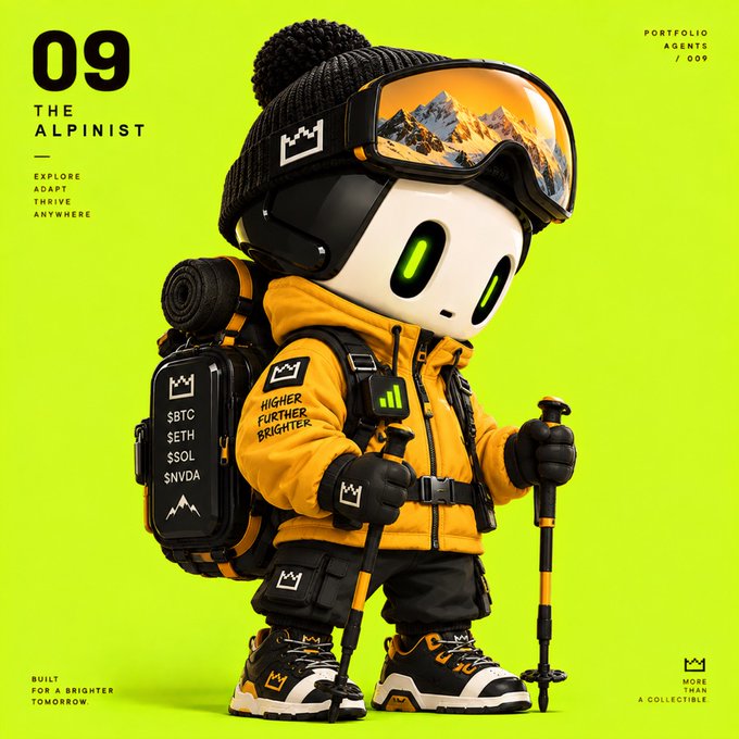 A 3D-rendered character called 'THE ALPINIST' (Portfolio Agent 09) dressed in winter gear with a yellow puffer jacket, mountain-reflective goggles, and backpack displaying tickers $BTC, $ETH, $SOL, and $NVDA, captioned 'HIGHER FURTHER BRIGHTER.'