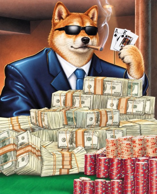A digital illustration shows a Shiba Inu dog wearing sunglasses and a blue suit, smoking a cigar and holding two aces while sitting behind stacks of cash and poker chips.