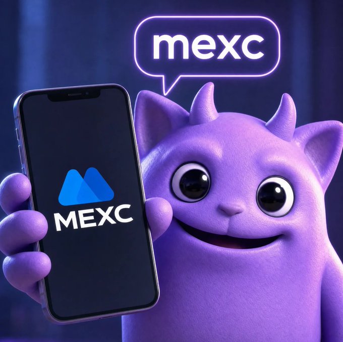 Promotional image featuring a purple cartoon mascot character holding a smartphone displaying the MEXC exchange logo, with a speech bubble reading "mexc".