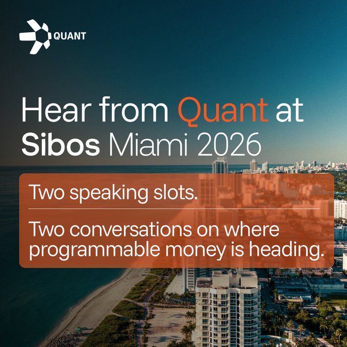 A promotional graphic for Quant at Sibos Miami 2026, featuring a coastal Miami skyline with text stating 'Two speaking slots. Two conversations on where programmable money is heading.'