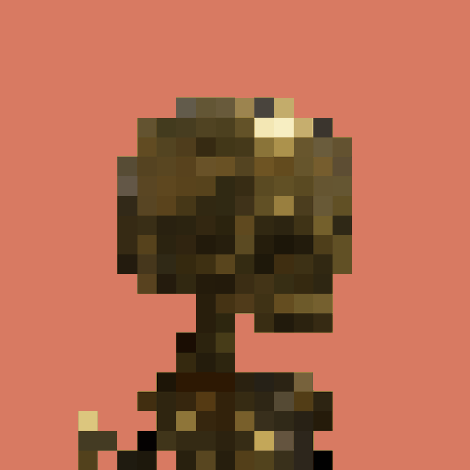 A pixelated bronze-colored trophy figure is displayed against a solid coral/salmon background, matching the "#2280 is the rarest Bare Bones" caption which references the scarce trophy's color and style.
