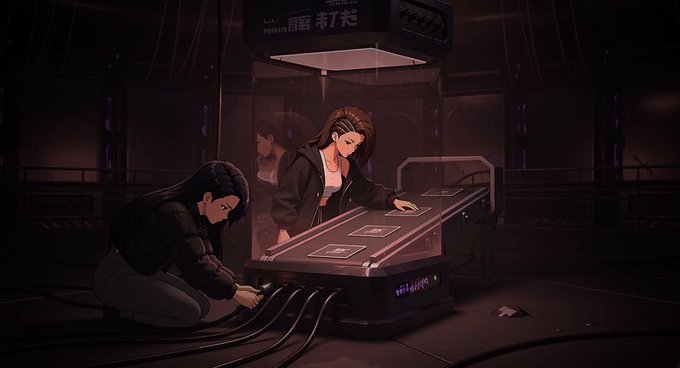 A digital illustration depicting two women in a dark, industrial sci-fi setting operating around a glowing console with holographic displays and cables.