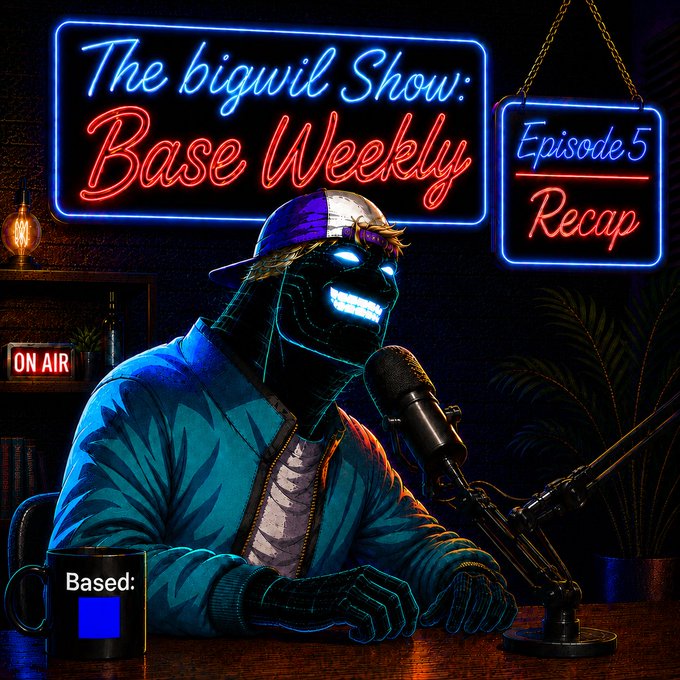 A neon-lit graphic for 'The bigwuil Show: Base Weekly' Episode 5 Recap featuring an animated masked character in a blue jacket at a podcast microphone, with an 'ON AIR' sign and a 'Based:' mug.