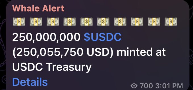 The image shows a "Whale Alert" notification stating that 250,000,000 $USDC (250,055,750 USD) was minted at the USDC Treasury, with a timestamp of 700 at 3:01 PM. This represents half of the $500M USDC liquidity issuance mentioned in the post, confirming new stablecoin supply being deployed on Solana.