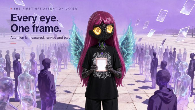 A digital illustration features an anime-style character with pink hair and glowing yellow eyes holding a glowing frame, with text reading 'Every eye. One frame.' and 'THE FIRST NFT ATTENTION LAYER' about attention being measured and paid.