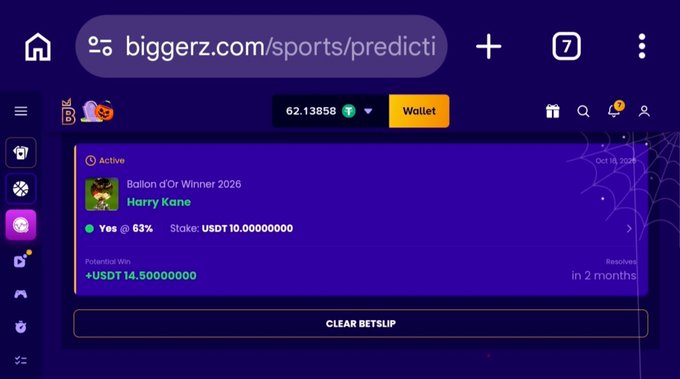 Screenshot of biggerz.com/sports/predicti showing an active prediction for 'Ballon d'Or Winner 2026' betting on Harry Kane at 83% with a stake of USDT 10.0 and potential win of USDT 14.5.
