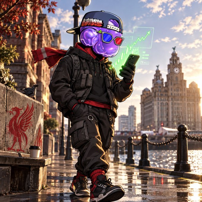 A stylized illustration of an anthropomorphic bear character with purple skin, wearing a baseball cap, 3D glasses, and tactical clothing, standing on a rainy city street near waterfront buildings while looking at a smartphone displaying a green trading chart.