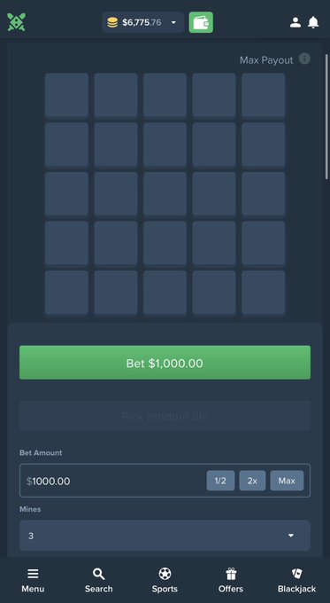 Screenshot of an online betting interface, likely a mines game, showing a grid of dark blue squares, a green 'Bet $1,000.00' button, and options to set the bet amount and number of mines.