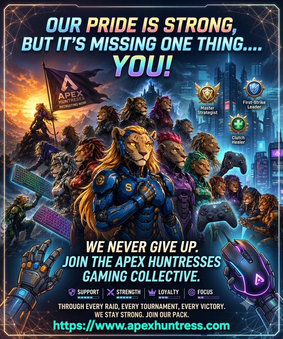 Recruitment poster for the Apex Huntresses Gaming Collective featuring lion warrior characters and gaming peripherals, with text reading 'OUR PRIDE IS STRONG, BUT IT'S MISSING ONE THING... YOU!' and website apexhuntress.com.