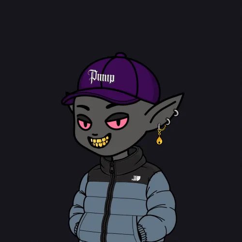 A cartoon character with dark skin, pointed ears, gold teeth, and red eyes wearing a purple 'Pimp' cap and a blue puffer jacket.