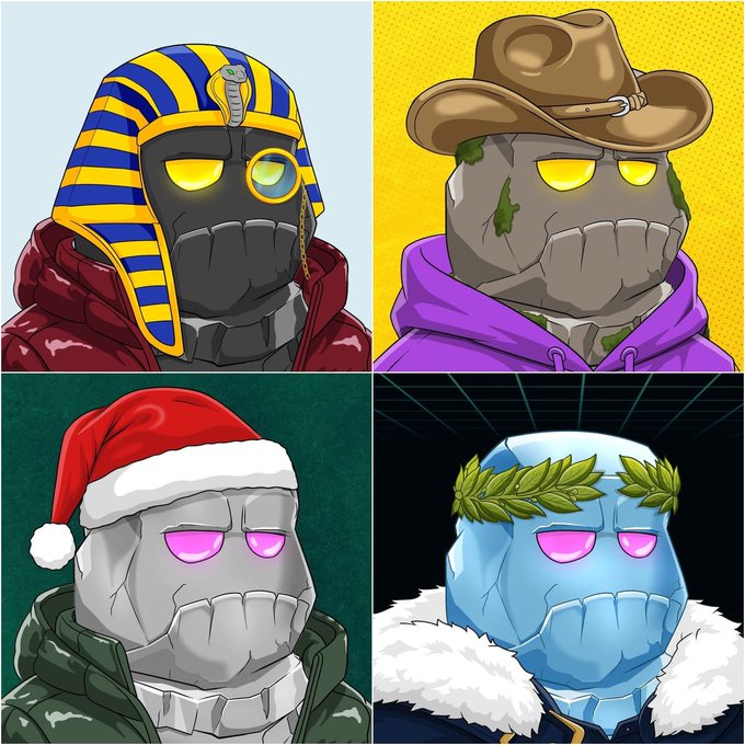 Four stylized cartoon illustrations of a masked character in different outfits: a pharaoh with a cobra headdress, a cowboy, a figure in a Santa hat, and a Caesar with a laurel wreath.