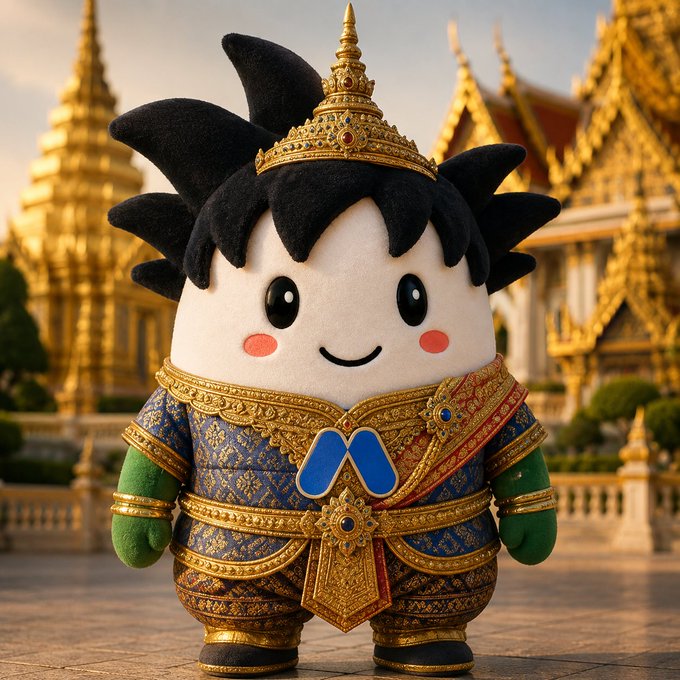 A plush toy character resembling a cute mascot with black spiky hair wearing an ornate gold and blue royal Thai outfit, posed in front of a golden Thai temple.