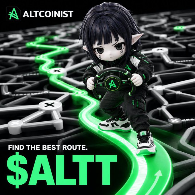 An anime-style character with pointed ears stands on a glowing green path holding a steering wheel with an 'A' logo, set against a black maze-like background with the text 'ALTCOINIST' and '$ALTT FIND THE BEST ROUTE.'