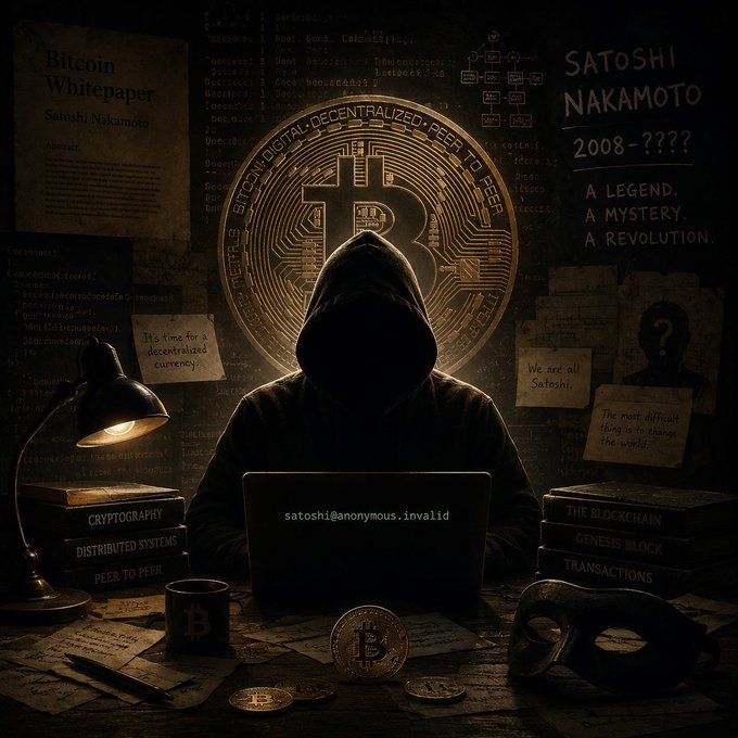 A hooded figure sits before a laptop displaying "satoshi@anonymous.invalid," surrounded by the Bitcoin Whitepaper, a glowing Bitcoin logo, and notes reading "Satoshi Nakamoto 2008–????" and "A Legend. A Mystery. A Revolution." The image visually captures the mystery of Satoshi's identity and the roughly 1.1 million BTC they are estimated to hold, making them potentially the wealthiest yet most enigmatic figure in crypto.