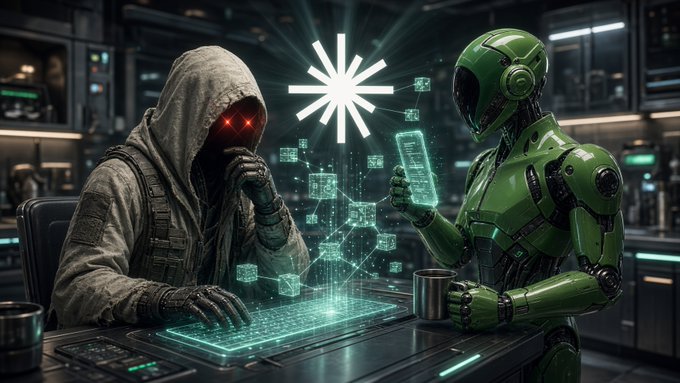 A digital artwork depicts a hooded figure with red glowing eyes and a green robot interacting over a futuristic glowing interface with a starburst symbol.