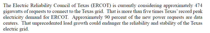 A text excerpt about the Electric Reliability Council of Texas (ERCOT) considering approximately 474 gigawatts of requests to connect to the Texas grid, which is more than five times Texas' record peak electricity demand, with approximately 90 percent of new power requests being data centers.