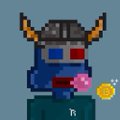 A small pixel art image shows a blue character with a horned Viking helmet, red glasses, and a pink donut, standing next to a yellow coin and an 'R' symbol.