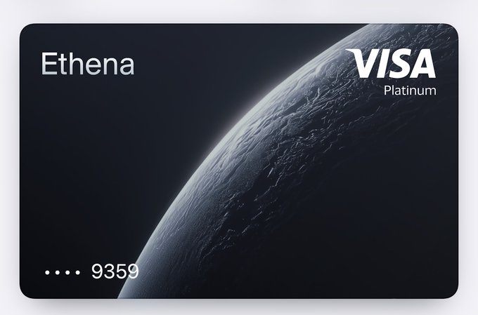 A black Ethena Visa Platinum credit card featuring a textured planet or moon design with the card number ending in 9359.