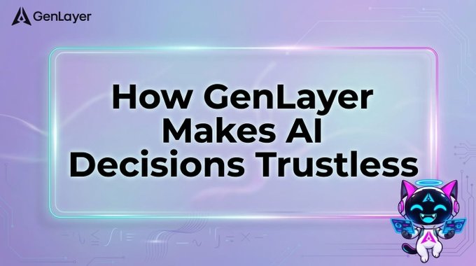 A graphic titled 'How GenLayer Makes AI Decisions Trustless' featuring a cartoon cat mascot wearing tech gear on a purple tech-themed background.
