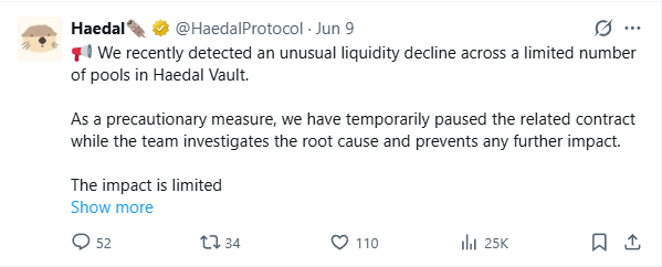 The image shows a screenshot of a social media post by Heddalat Protocol, which appears to be about a recent hack that affected multiple projects within the SUI ecosystem. The post includes a list of projects that were compromised, along with an explanation of why they were targeted and how it happened. The post also mentions that there are currently 8 projects being hacked, indicating that this is not an isolated incident but rather part of a larger problem affecting the SUI ecosystem.