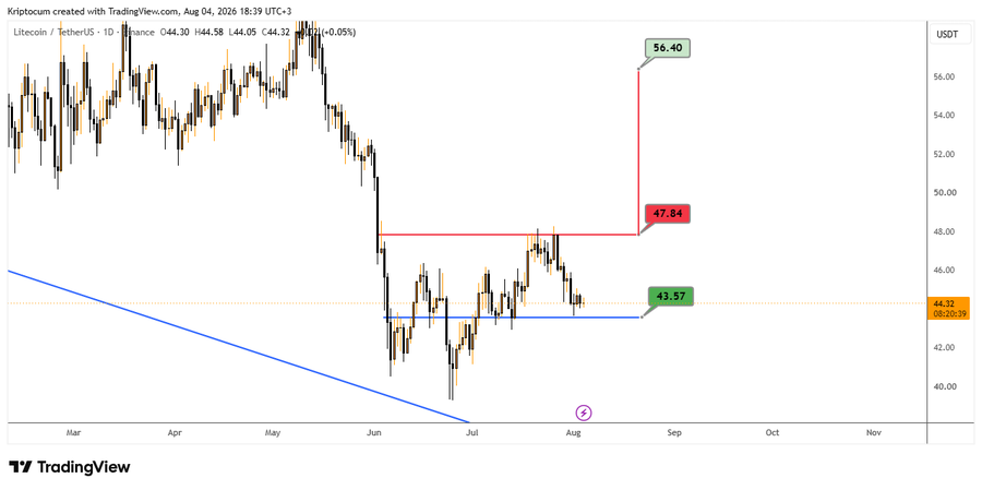 A TradingView candlestick chart for Litecoin/TetherUS (LTCUSDT) dated Aug 04, 2026, showing price levels at 56.40, 47.84, and 43.57 with trendline annotations.