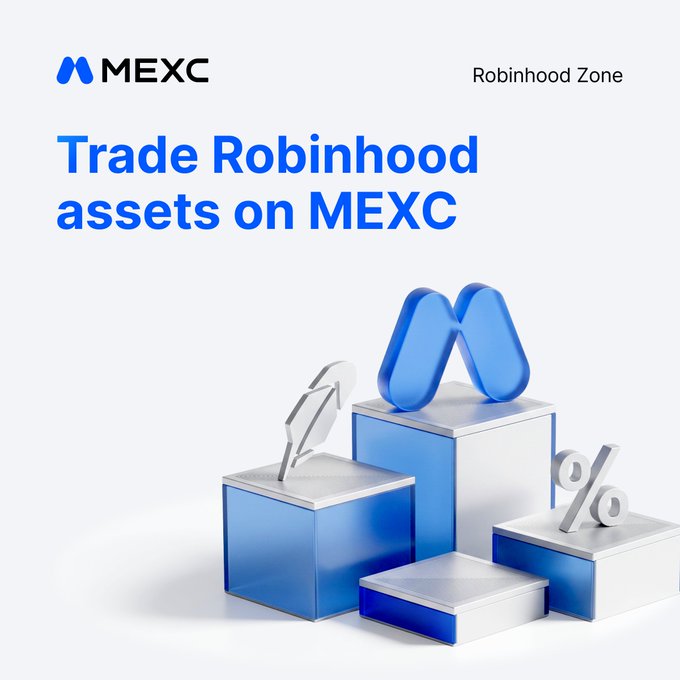 A MEXC promotional graphic featuring the headline "Trade Robinhood assets on MEXC" alongside 3D-rendered blue and white podiums displaying the MEXC logo, a rocket icon, and a percentage symbol. The "Robinhood Zone" branding in the top right ties directly to the announcement of new futures listings for $CASHCAT and $PONS on the MEXC platform.