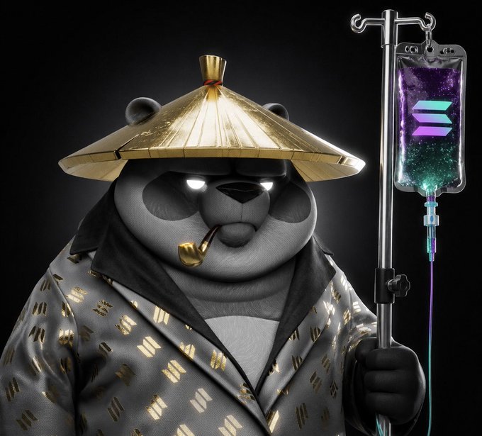 The image shows a fierce-looking, anthropomorphic panda character with glowing white eyes, wearing a traditional golden Asian conical hat and a stylish gold-patterned robe while smoking a pipe, holding up an IV drip bag filled with a glowing, cosmic liquid featuring the Solana logo and colors. The accompanying post "GM and Namaste" along with "Solana is for the poors" suggests the panda, depicted as an opulent, wealthy figure, is a playful jab at Solana holders, portraying the cryptocurrency as a lesser or "poorer" alternative compared to elite digital assets like Ethereum (often symbolized by the cosmic, premium-looking IV drip in the image).