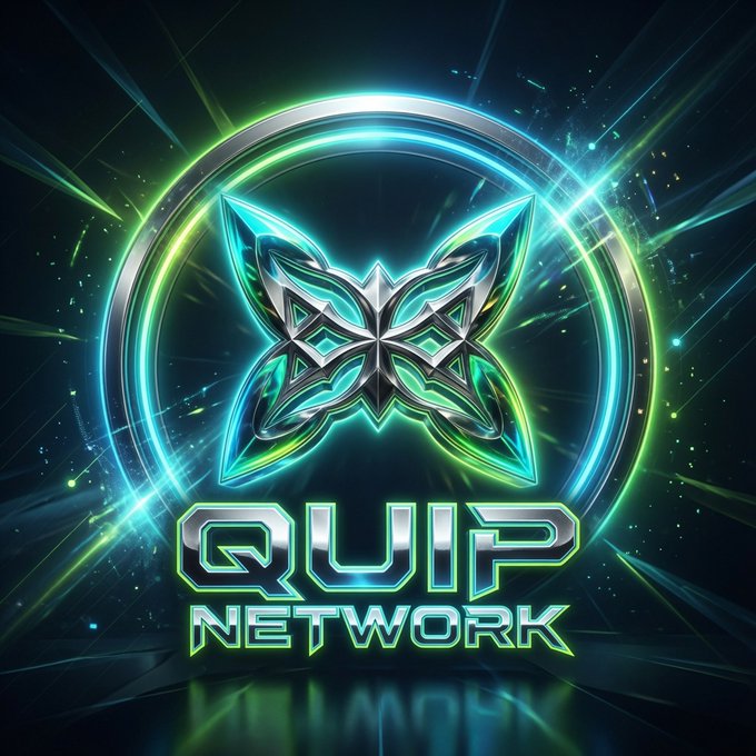 Glowing logo design reading 'QUIP NETWORK' in metallic green and blue text below a stylized emblem on a dark background.