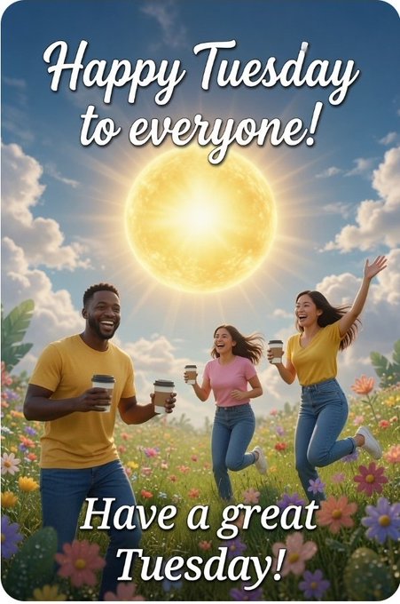 A vibrant greeting card reading 'Happy Tuesday to everyone!' and 'Have a great Tuesday!', depicting three joyful people running through a flower field under a bright sun.