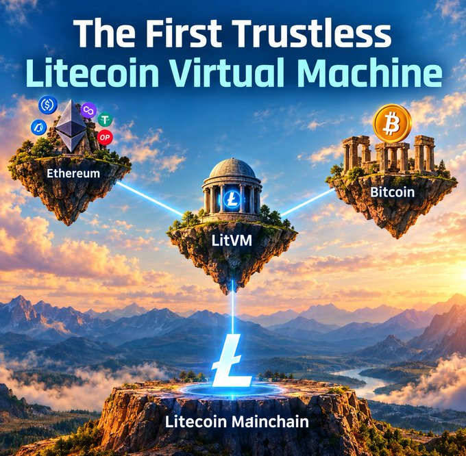 A promotional graphic for 'The First Trustless Litecoin Virtual Machine (LitVM)' showing floating islands representing Ethereum, LitVM, and Bitcoin connected above the Litecoin Mainchain.