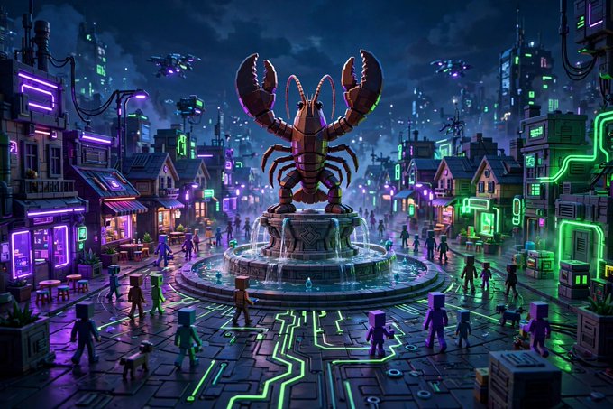 A stylized 3D digital artwork depicting a giant lobster statue on a fountain in the center of a cyberpunk city at night, surrounded by blocky characters and neon-lit buildings.