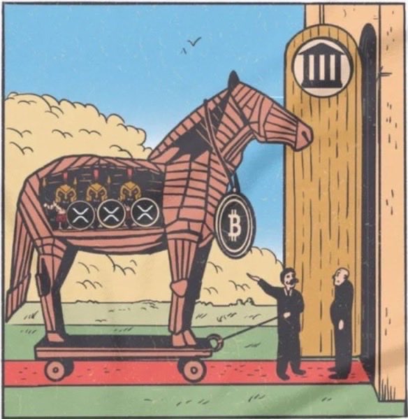 A Trojan horse labeled with the Bitcoin symbol is wheeled toward a building marked with a government/bank emblem (resembling the Bank of Japan), while two officials welcome it—visually representing the post's claim that Ripple has an "insider" inside the Bank of Japan, with the crypto-laden horse symbolizing Ripple/XRP secretly entering the central bank.