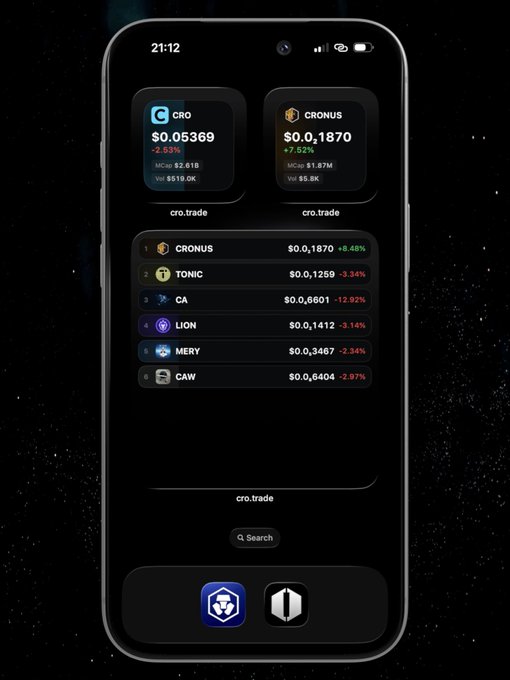 A smartphone screenshot of a crypto.trade app showing token prices including CRO at $0.05369 and CRONUS at $0.1870, along with a list of tokens like TONIC, CA, LION, MERY, and CAW.