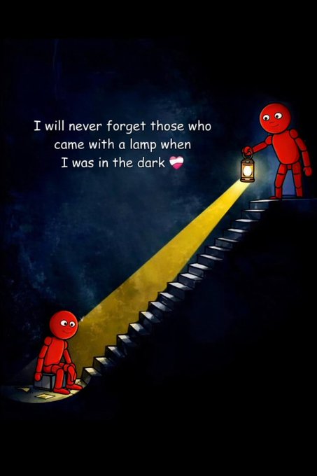 An illustration shows one red figure holding a lantern to illuminate stairs for another sitting red figure, with text reading 'I will never forget those who came with a lamp when I was in the dark' accompanied by a Lebanon flag emoji.