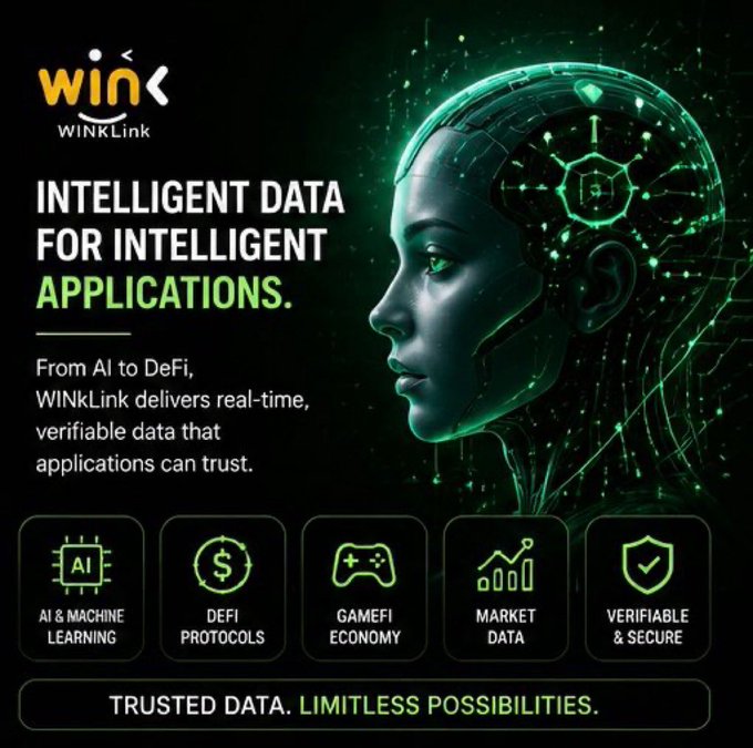 A promotional graphic for 'WINkLink' with the tagline 'INTELLIGENT DATA FOR INTELLIGENT APPLICATIONS,' showing a green digital AI-style female face and icons representing AI & Machine Learning, DeFi Protocols, GameFi Economy, Market Data, and Verifiable & Secure features.