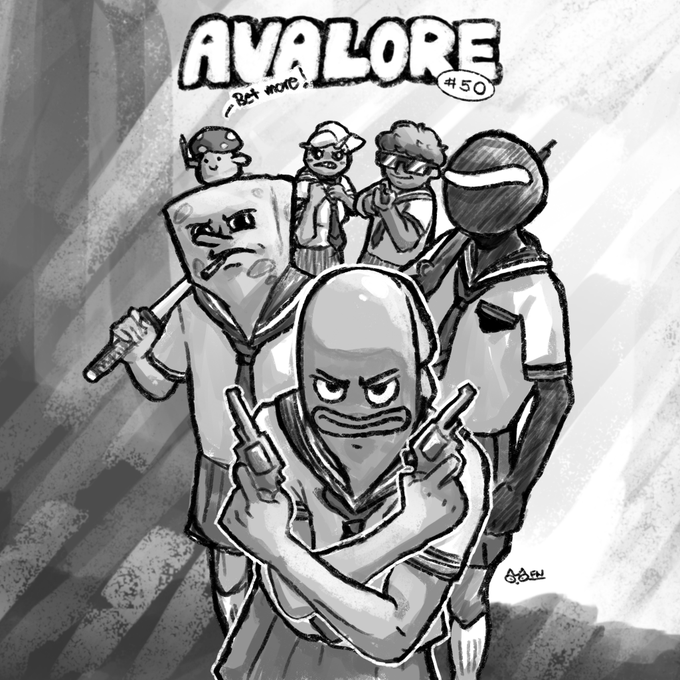 A black-and-white cartoon comic titled "AVALORE #50" with a "Bet won!" speech bubble, featuring a bald, bandana-clad tough figure wielding dual pistols in front of a masked wrestler and a crew of friends, celebrating the $PACK token's successful mention. The rough, sketch-style art with city backdrop mirrors the rugged, street-smart vibe of the crypto community's "bet won" moment.