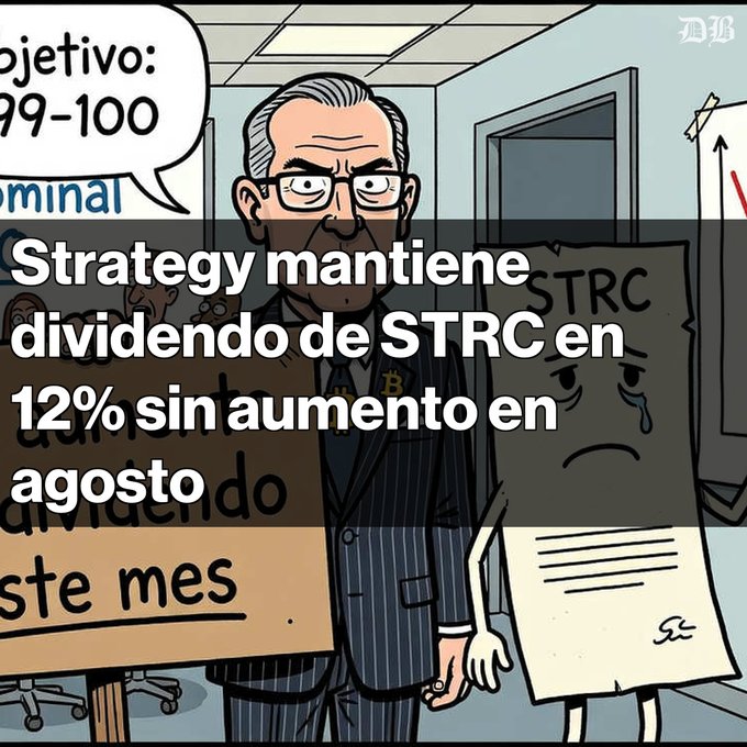 A cartoon graphic featuring a businessman holding signs, with Spanish text overlay stating 'Strategy mantiene dividendo de STRC en 12% sin aumento en agosto'.