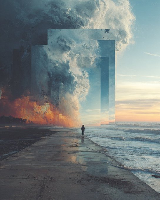 A digital art piece shows a solitary figure walking on a beach between a massive wave on the left and a calm ocean on the right, overlaid with translucent geometric rectangular shapes against a sunset sky.