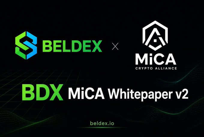 A promotional banner featuring the Beldex and MiCA Crypto Alliance logos with the text 'BDX MiCA Whitepaper v2' and 'beldex.io' displayed on a dark background.